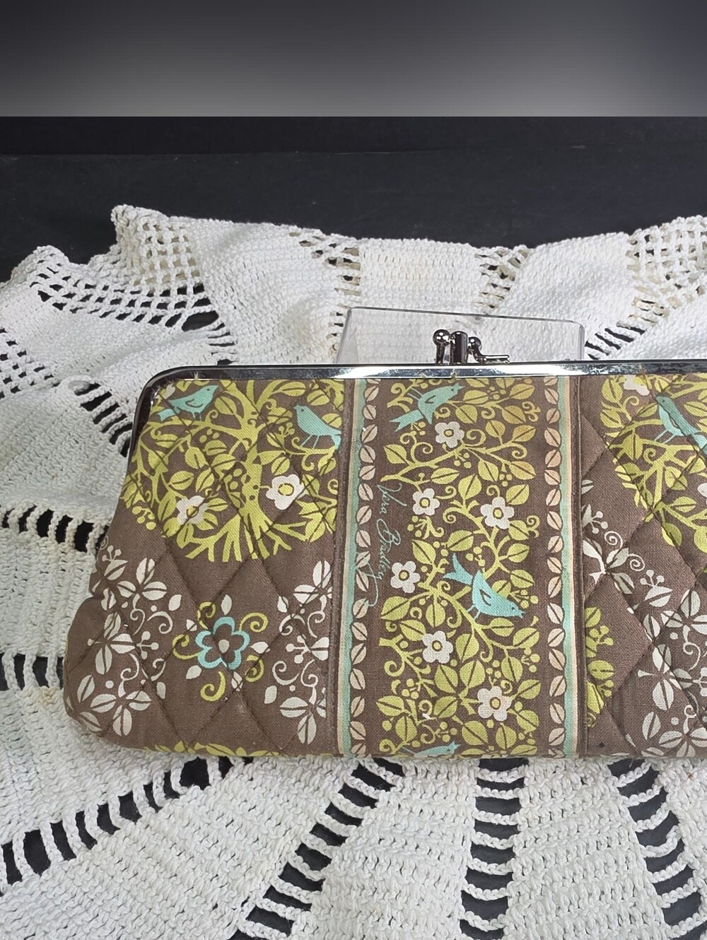 Vera Bradley Brown Quilted Floral Clutch with Teal and Lime Accents